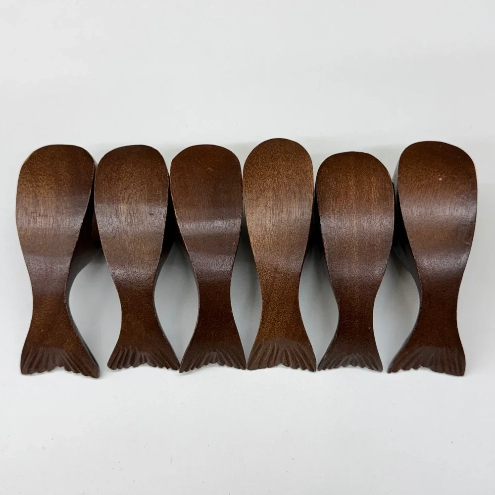 Vintage Hand Carved Wood Whale Napkin Rings Set of 6 Dark Brown Nautical Coastal